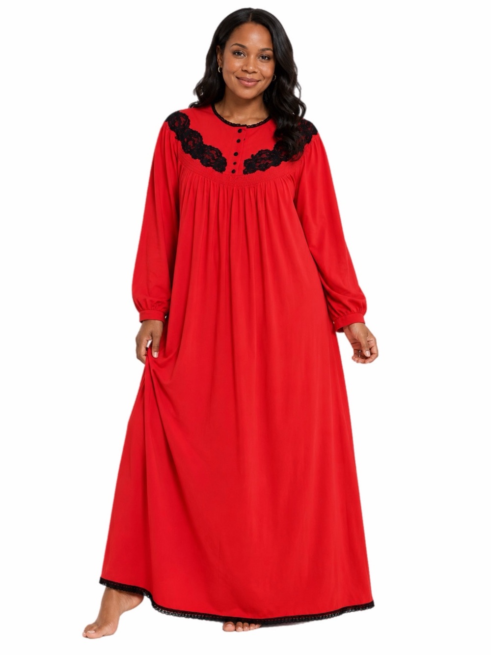 50s/60s European Vintage Fleece Lace Trim Prairie Maxi Nightgown (Red/Black) XL